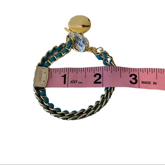 Teal Green & Gold Double Chain Bracelet w/ decorative toggle clasp. - Picture 6 of 6